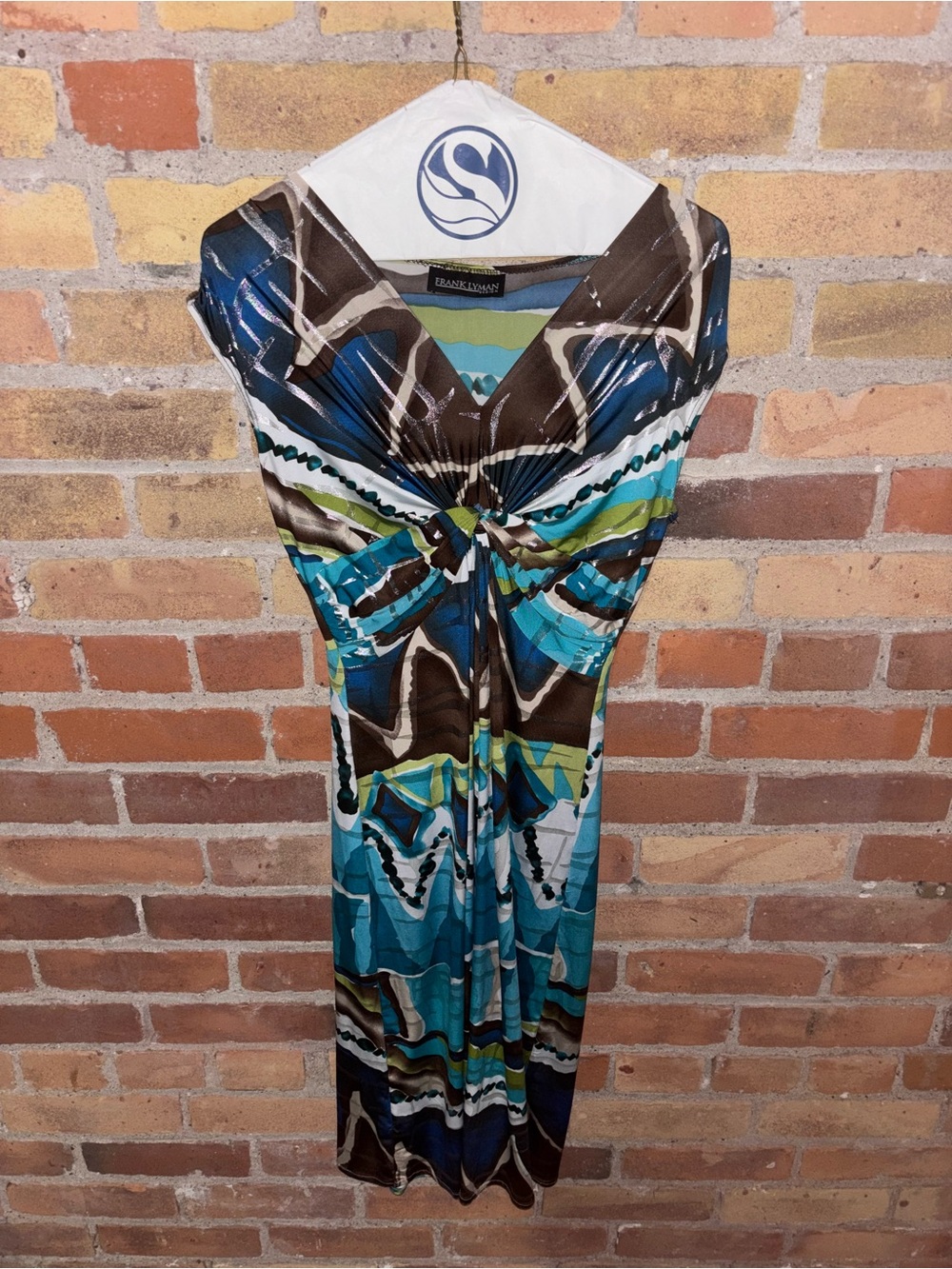 Vintage Y2K Style Frank Lyman Design Blue & Brown Knot-Front Maxi Dress